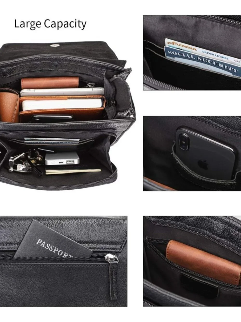 Men's Black Genuine Leather Crossbody Travel Metal Zipper Messenger Hand Bag